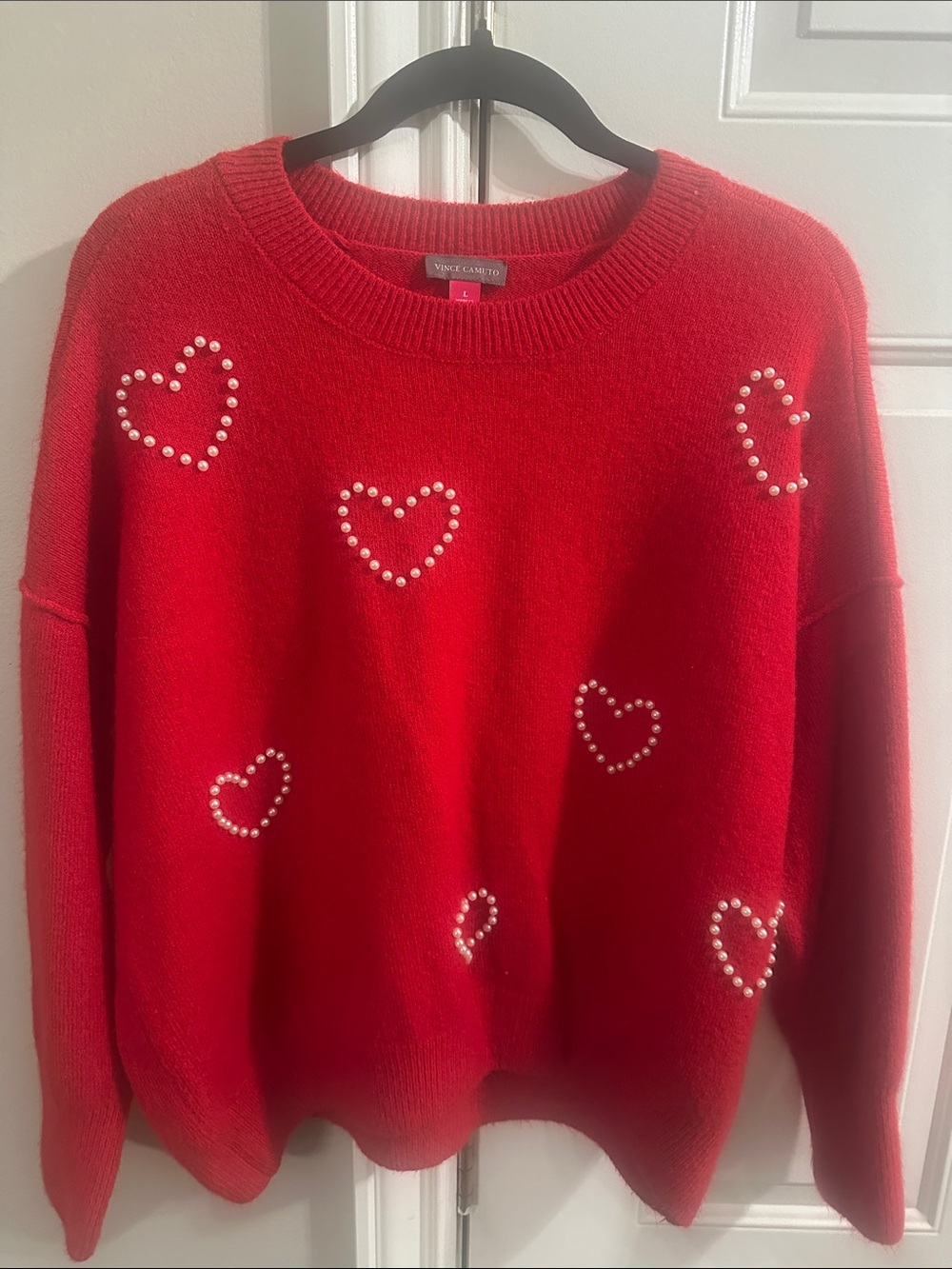 Vince Camuto Red Crewneck Sweater with Pearl Heart Details